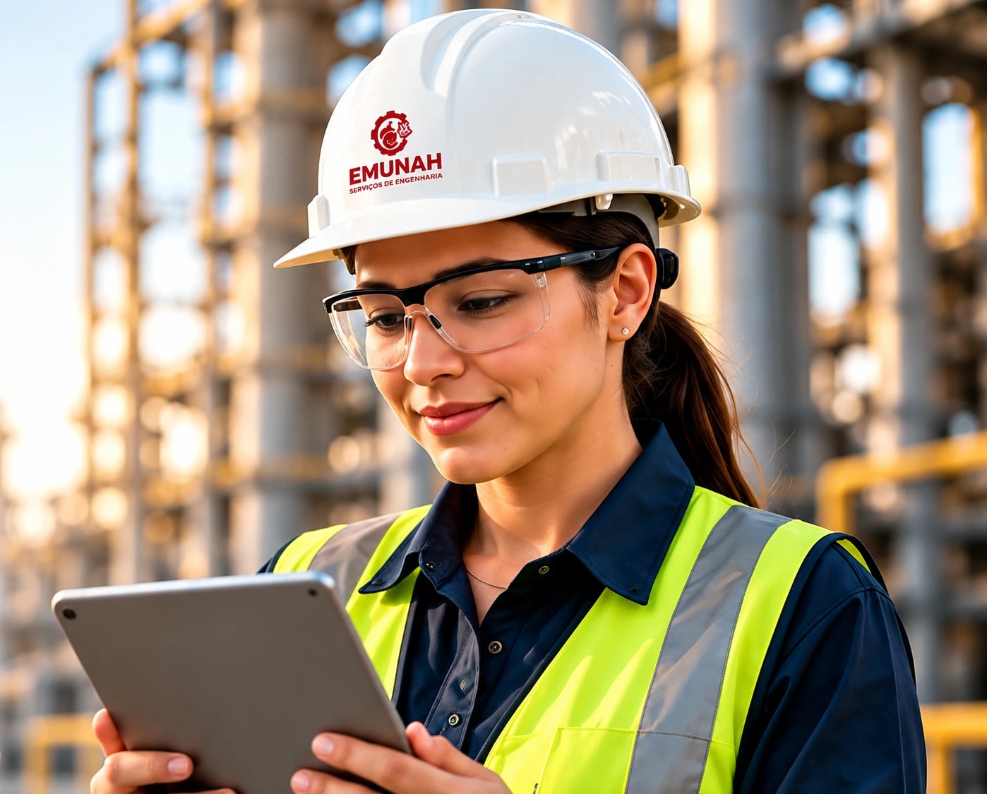 Engenheira com capacete Emunah utilizando um tablet