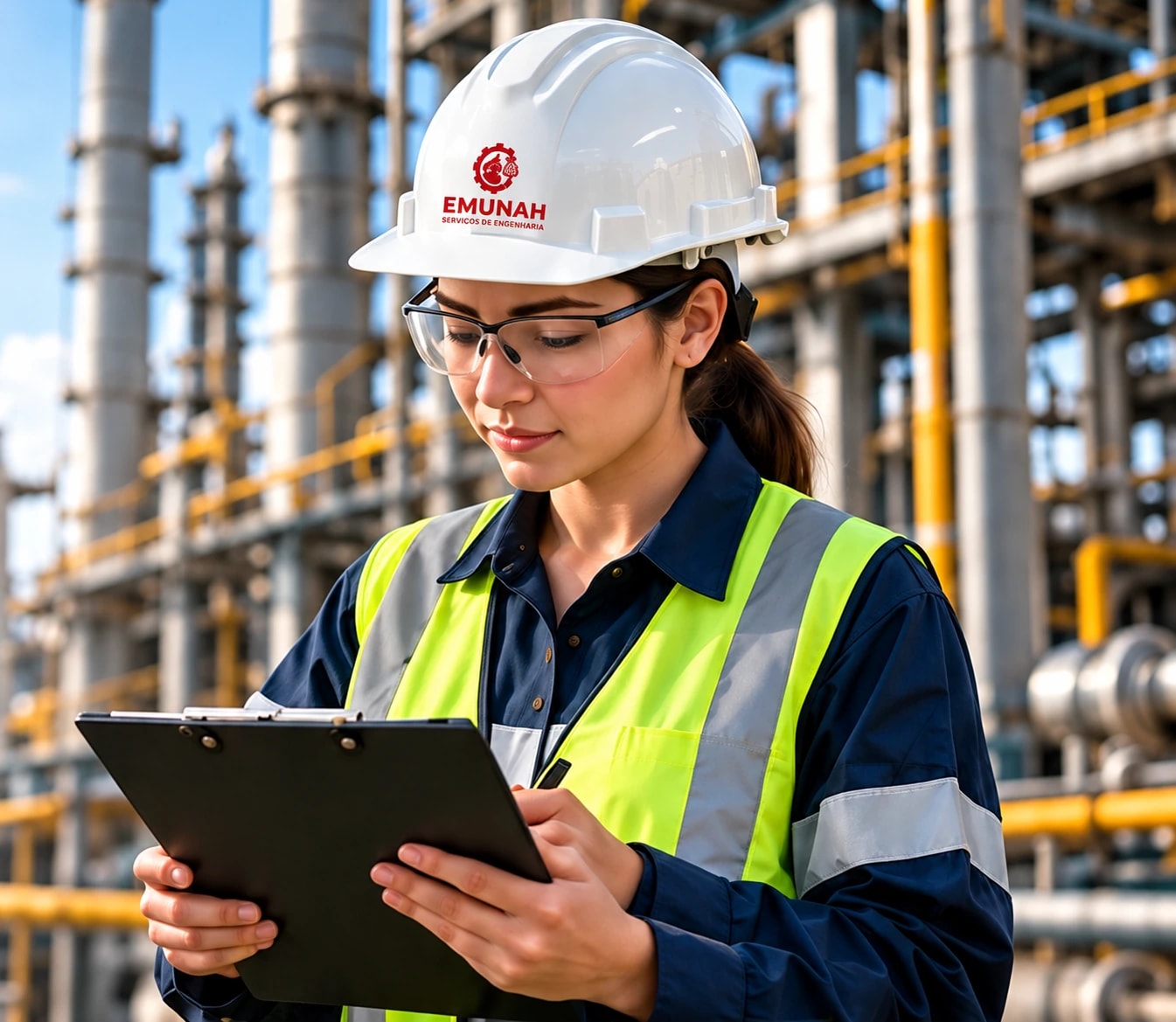 Engenheira com capacete Emunah realizando registros em uma prancheta