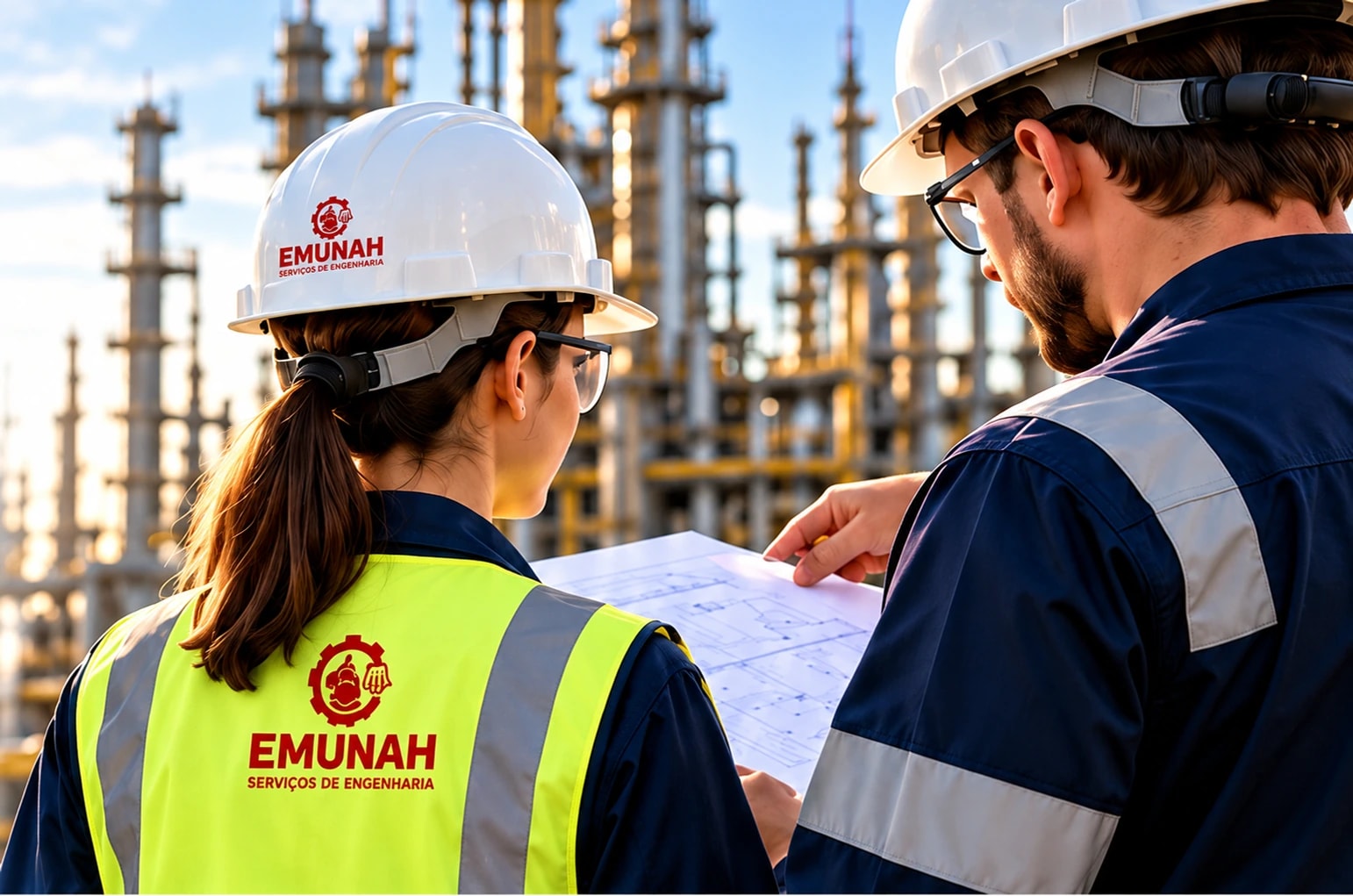 Profissionais da Emunah analisando plantas em uma instalação industrial