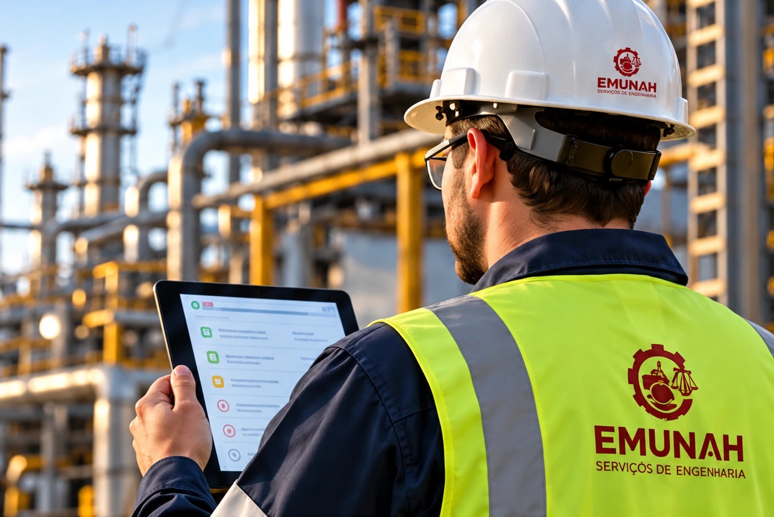 Profissional Emunah verificando informações em um tablet na indústria