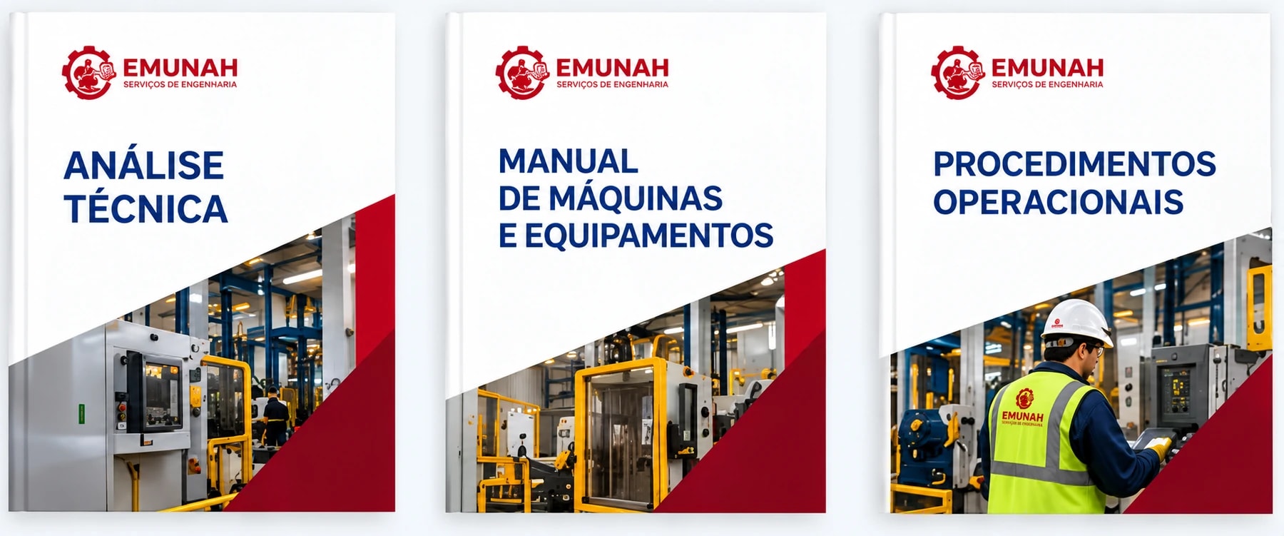 Capas ilustrativas de análise técnica, manual de máquinas e procedimentos operacionais