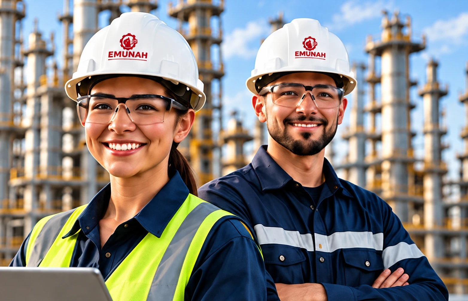 Profissionais com capacetes Emunah em uma instalação industrial, imagem do protótipo