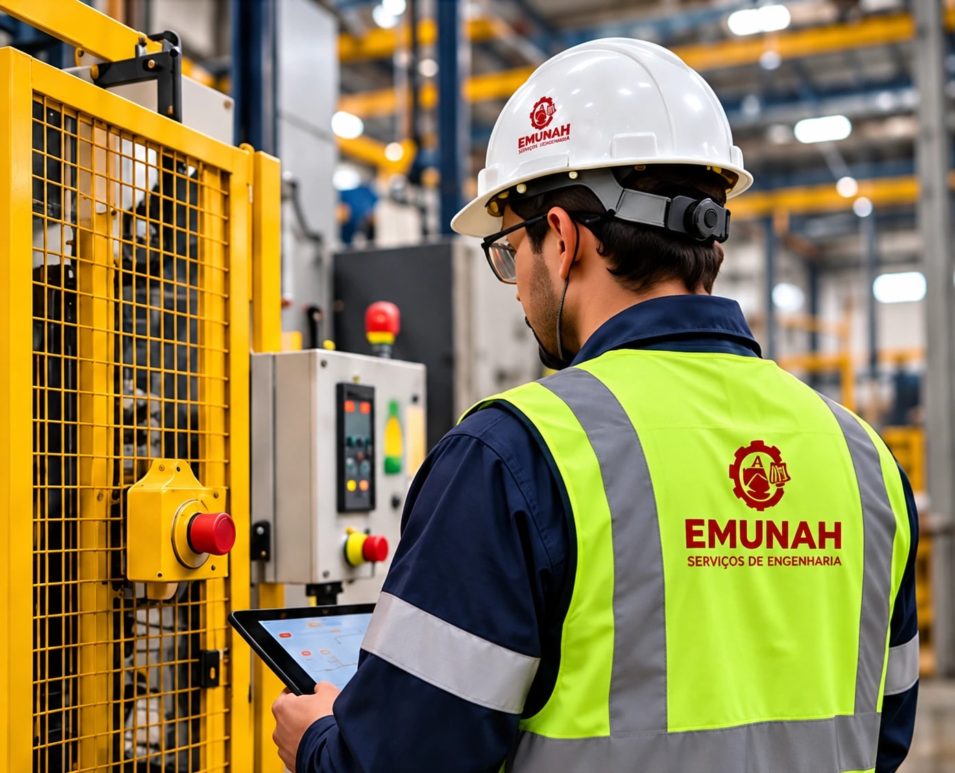 Engenheiro Emunah diante de uma máquina industrial com proteção